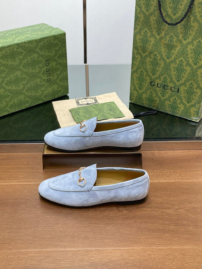 GUCCI HORSEBIT LOAFER IN LIGHT BLUE SUEDE WITH GOLD HARDWARE