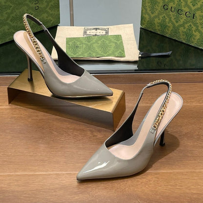 GUCCI HIGH SLINGBACK 10.5 CM IN DOVE GREY GLOSSY CALFSKIN WITH GOLD HARDWARE