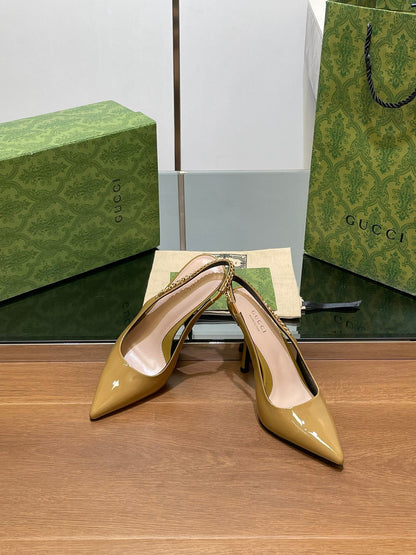GUCCI HIGH SLINGBACK 10.5 CM IN DIJON YELLOW GLOSSY CALFSKIN WITH GOLD HARDWARE