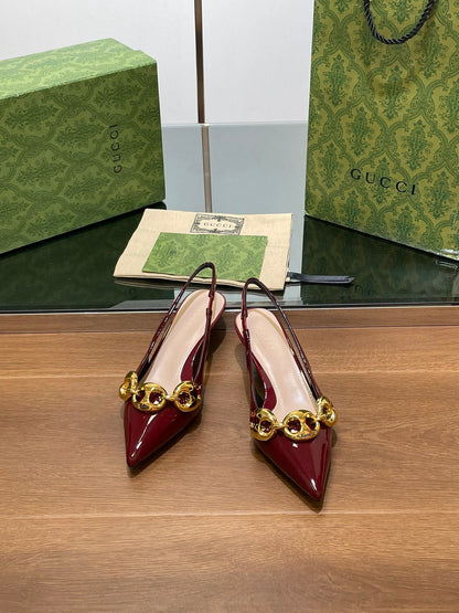 GUCCI MID-HEELED SLINGBACK 4.5 CM IN WINE RED GLOSSY CALFSKIN WITH GOLD HARDWARE