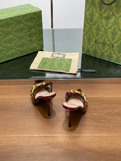 GUCCI HIGH SLINGBACK 10.5 CM IN WINE RED GLOSSY CALFSKIN WITH GOLD HARDWARE