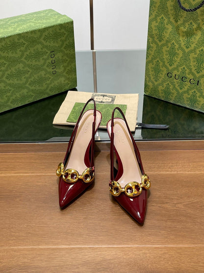 GUCCI HIGH SLINGBACK 10.5 CM IN WINE RED GLOSSY CALFSKIN WITH GOLD HARDWARE