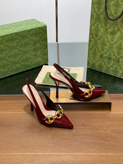 GUCCI HIGH SLINGBACK 10.5 CM IN WINE RED GLOSSY CALFSKIN WITH GOLD HARDWARE