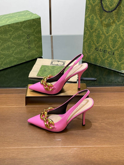 GUCCI HIGH SLINGBACK 10.5 CM IN FUSICA PINK GLOSSY CALFSKIN WITH GOLD HARDWARE