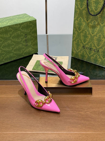 GUCCI HIGH SLINGBACK 10.5 CM IN FUSICA PINK GLOSSY CALFSKIN WITH GOLD HARDWARE