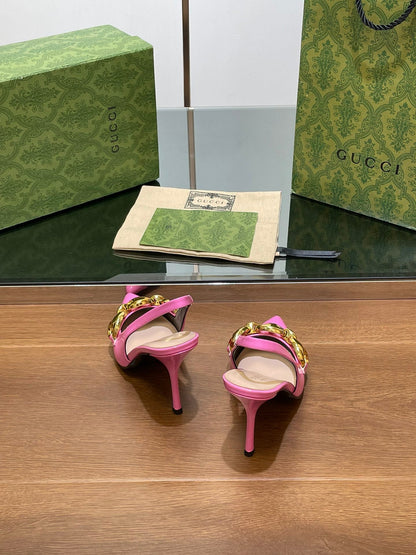 GUCCI HIGH SLINGBACK 10.5 CM IN FUSICA PINK GLOSSY CALFSKIN WITH GOLD HARDWARE