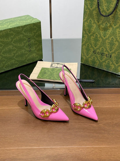 GUCCI HIGH SLINGBACK 10.5 CM IN FUSICA PINK GLOSSY CALFSKIN WITH GOLD HARDWARE