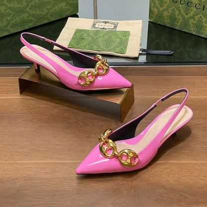GUCCI MID-HEELED SLINGBACK 4.5 CM IN FUSICA PINK GLOSSY CALFSKIN WITH GOLD HARDWARE