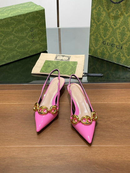 GUCCI MID-HEELED SLINGBACK 4.5 CM IN FUSICA PINK GLOSSY CALFSKIN WITH GOLD HARDWARE