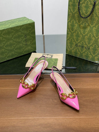 GUCCI MID-HEELED SLINGBACK 4.5 CM IN FUSICA PINK GLOSSY CALFSKIN WITH GOLD HARDWARE