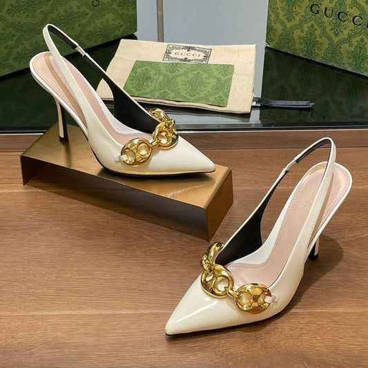 GUCCI HIGH SLINGBACK 10.5 CM IN WHITE GLOSSY CALFSKIN WITH GOLD HARDWARE