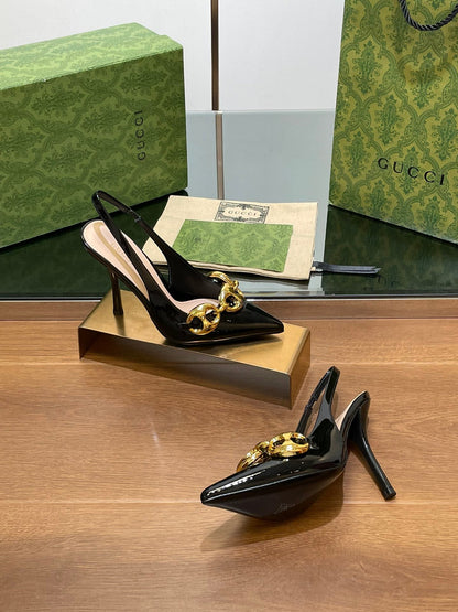 GUCCI HIGH SLINGBACK 10.5 CM IN BLACK GLOSSY CALFSKIN WITH GOLD HARDWARE