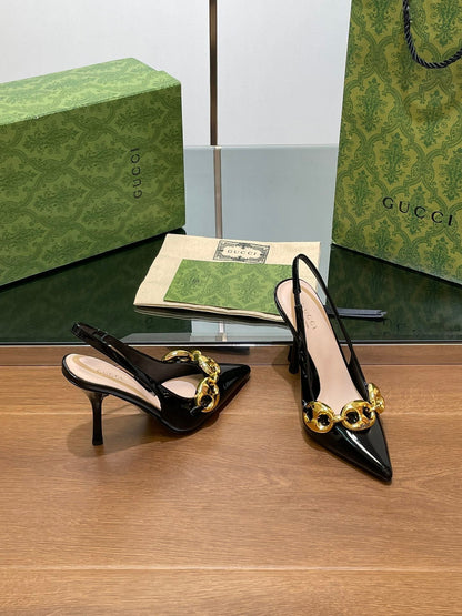 GUCCI HIGH SLINGBACK 10.5 CM IN BLACK GLOSSY CALFSKIN WITH GOLD HARDWARE