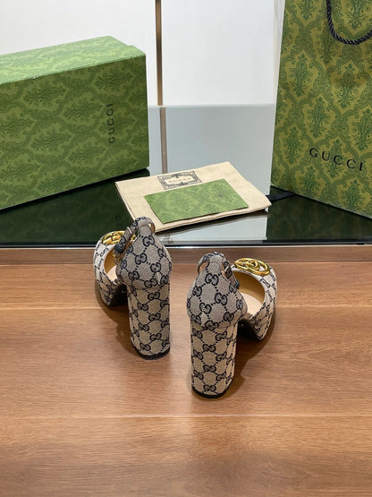 GUCCI HIGH SANDAL 11.5 CM IN BLACK MIX BEIGE MONOGRAM JACQUARD FABRIC