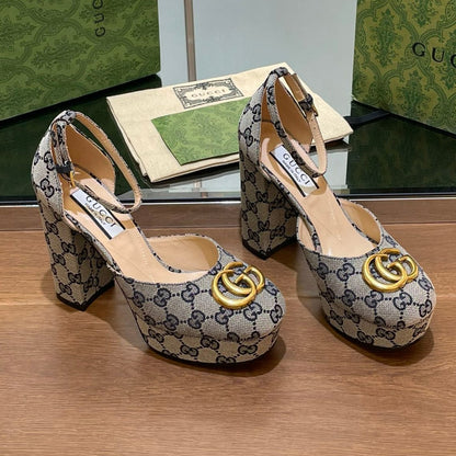 GUCCI HIGH SANDAL 11.5 CM IN BLACK MIX BEIGE MONOGRAM JACQUARD FABRIC