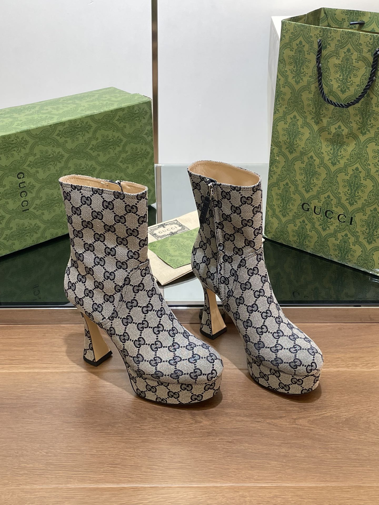 GUCCI SHORT BOOTS 11.5 CM IN BLACK MIX BEIGE MONOGRAM JACQUARD FABRIC