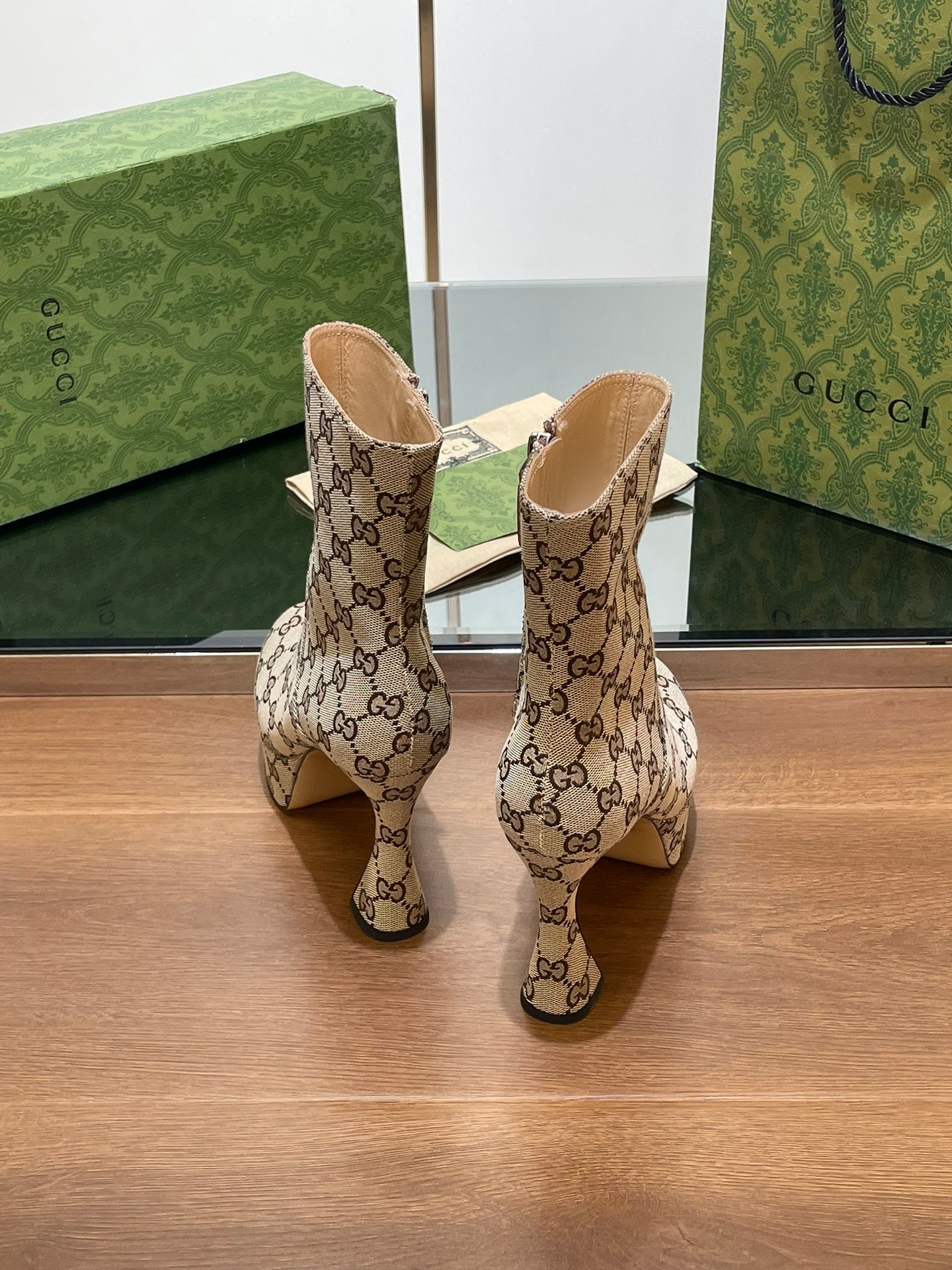 GUCCI SHORT BOOTS 11.5 CM IN CAMEL BROWN MONOGRAM JACQUARD FABRIC