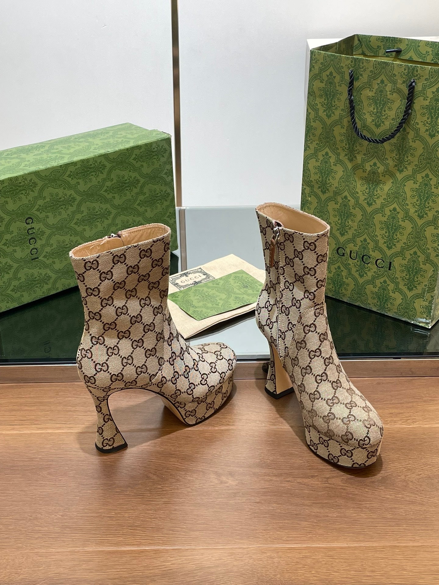 GUCCI SHORT BOOTS 11.5 CM IN CAMEL BROWN MONOGRAM JACQUARD FABRIC