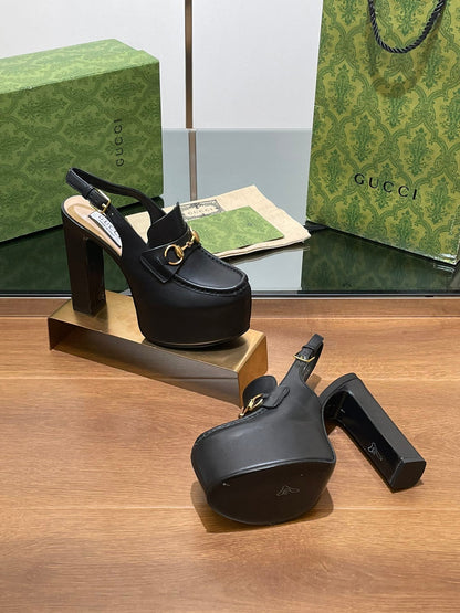 GUCCI WOMEN'S HORSEBIT PLATFORM LOAFER SLINGBACK IN BLACK CALFSKIN