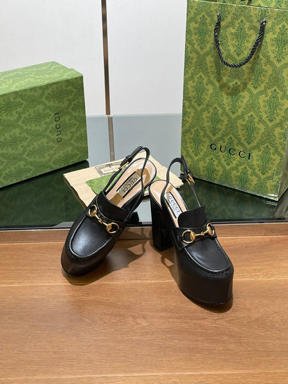 GUCCI WOMEN'S HORSEBIT PLATFORM LOAFER SLINGBACK IN BLACK CALFSKIN