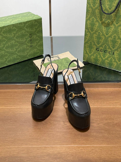 GUCCI WOMEN'S HORSEBIT PLATFORM LOAFER SLINGBACK IN BLACK CALFSKIN
