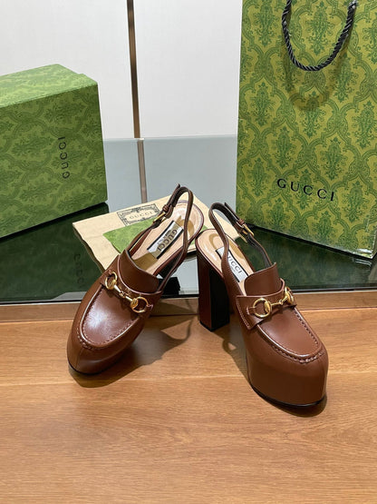 GUCCI WOMEN'S HORSEBIT PLATFORM LOAFER SLINGBACK IN DARK BROWN CALFSKIN
