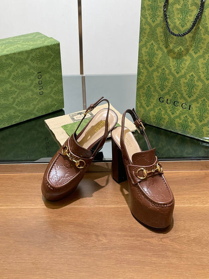 GUCCI WOMEN'S HORSEBIT PLATFORM LOAFER SLINGBACK IN DARK BROWN EMBOSSED CALFSKIN