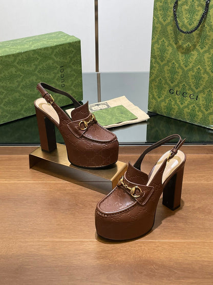 GUCCI WOMEN'S HORSEBIT PLATFORM LOAFER SLINGBACK IN DARK BROWN EMBOSSED CALFSKIN