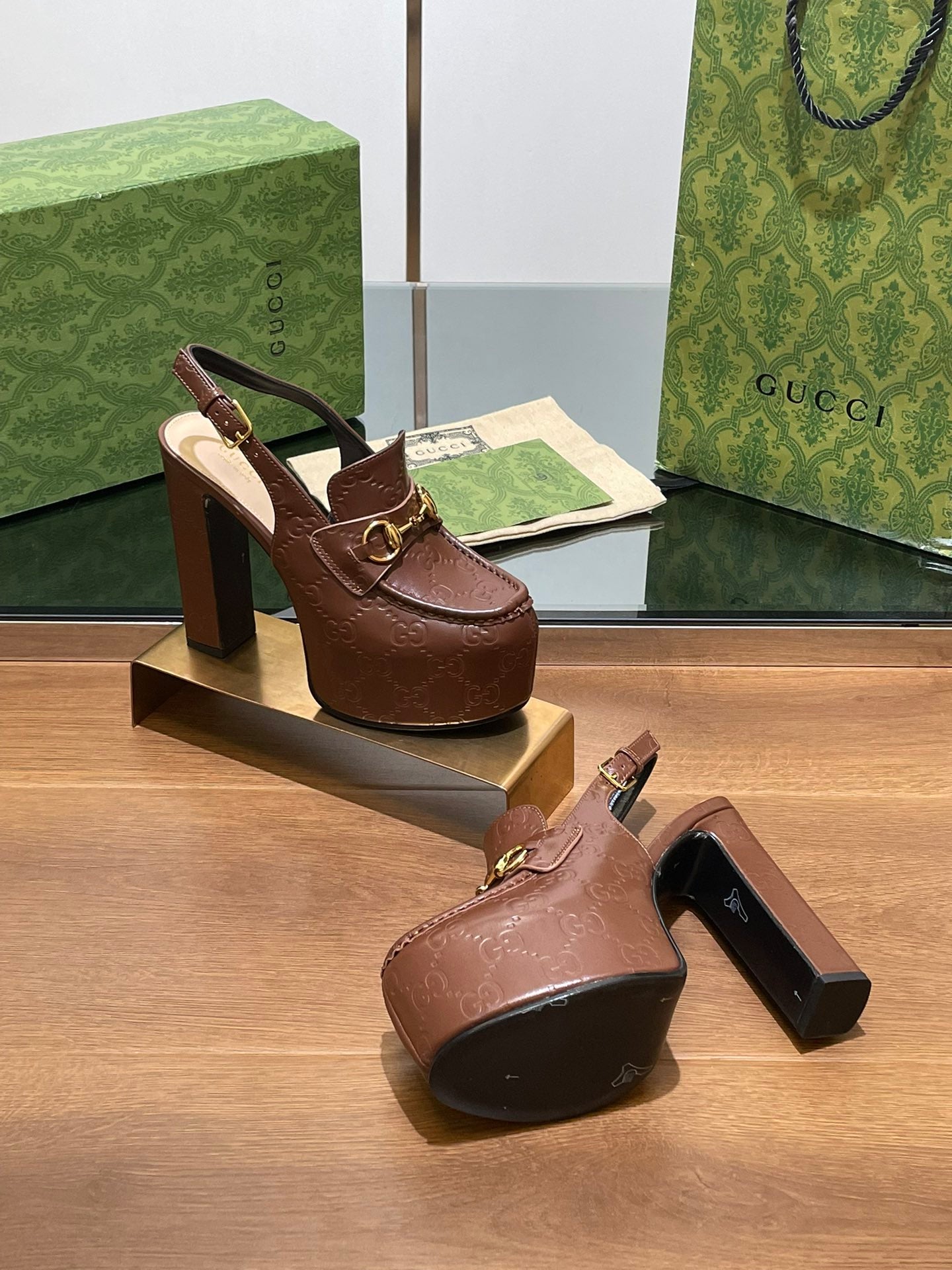 GUCCI WOMEN'S HORSEBIT PLATFORM LOAFER SLINGBACK IN DARK BROWN EMBOSSED CALFSKIN