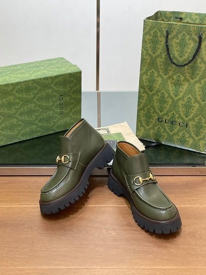 GUCCI HORSEBIT ANKLE BOOTS 4.5CM IN ARMY GREEN CALFSKIN