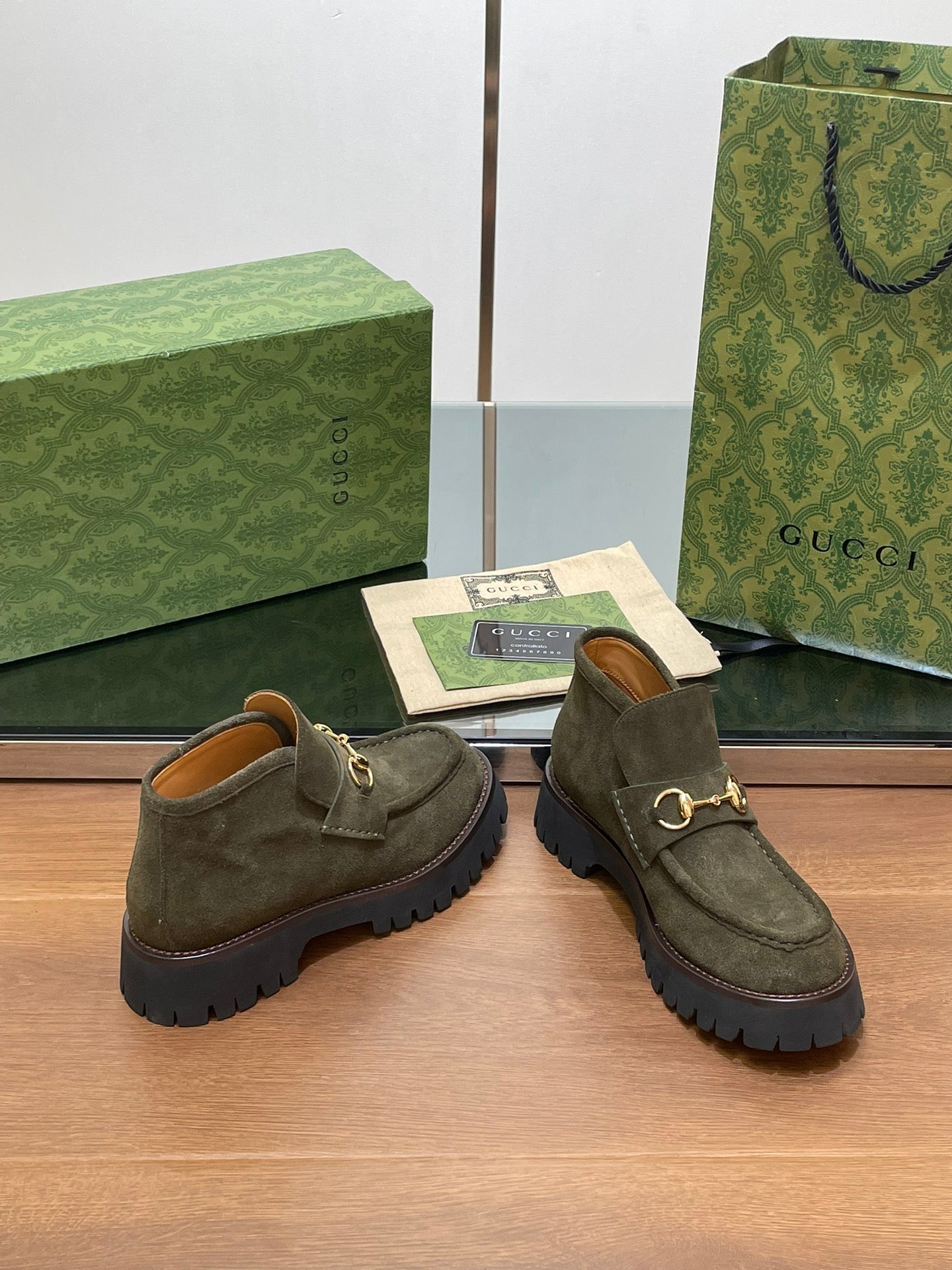 GUCCI WOMEN'S HORSEBIT ANKLE BOOTS 4.5CM IN KHAKI GREEN SUEDE