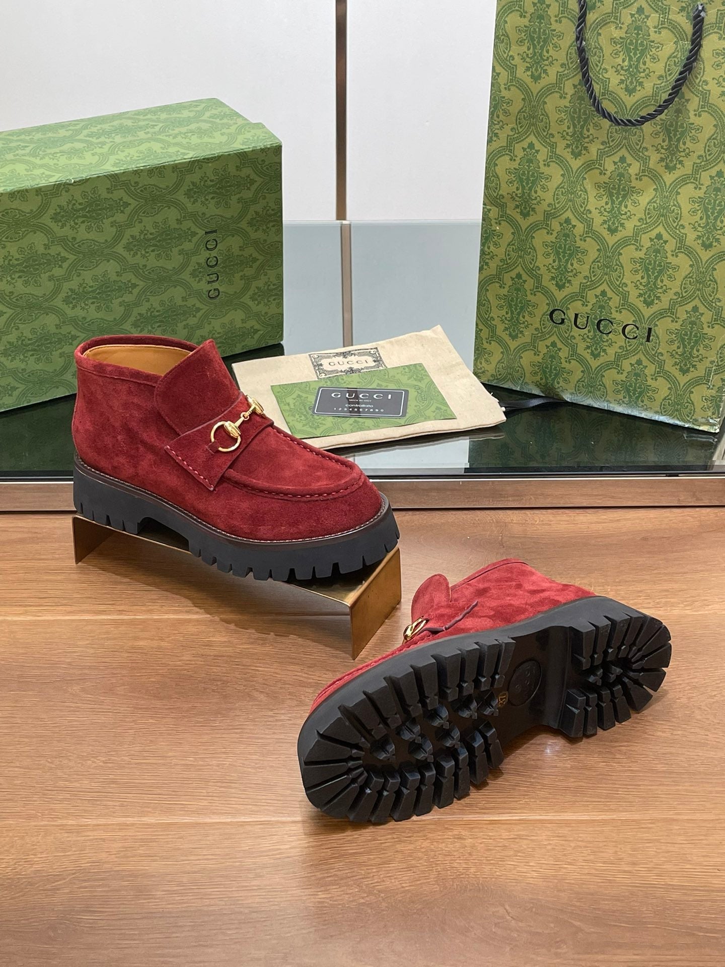 GUCCI WOMEN'S HORSEBIT ANKLE BOOTS 4.5CM IN RED SUEDE