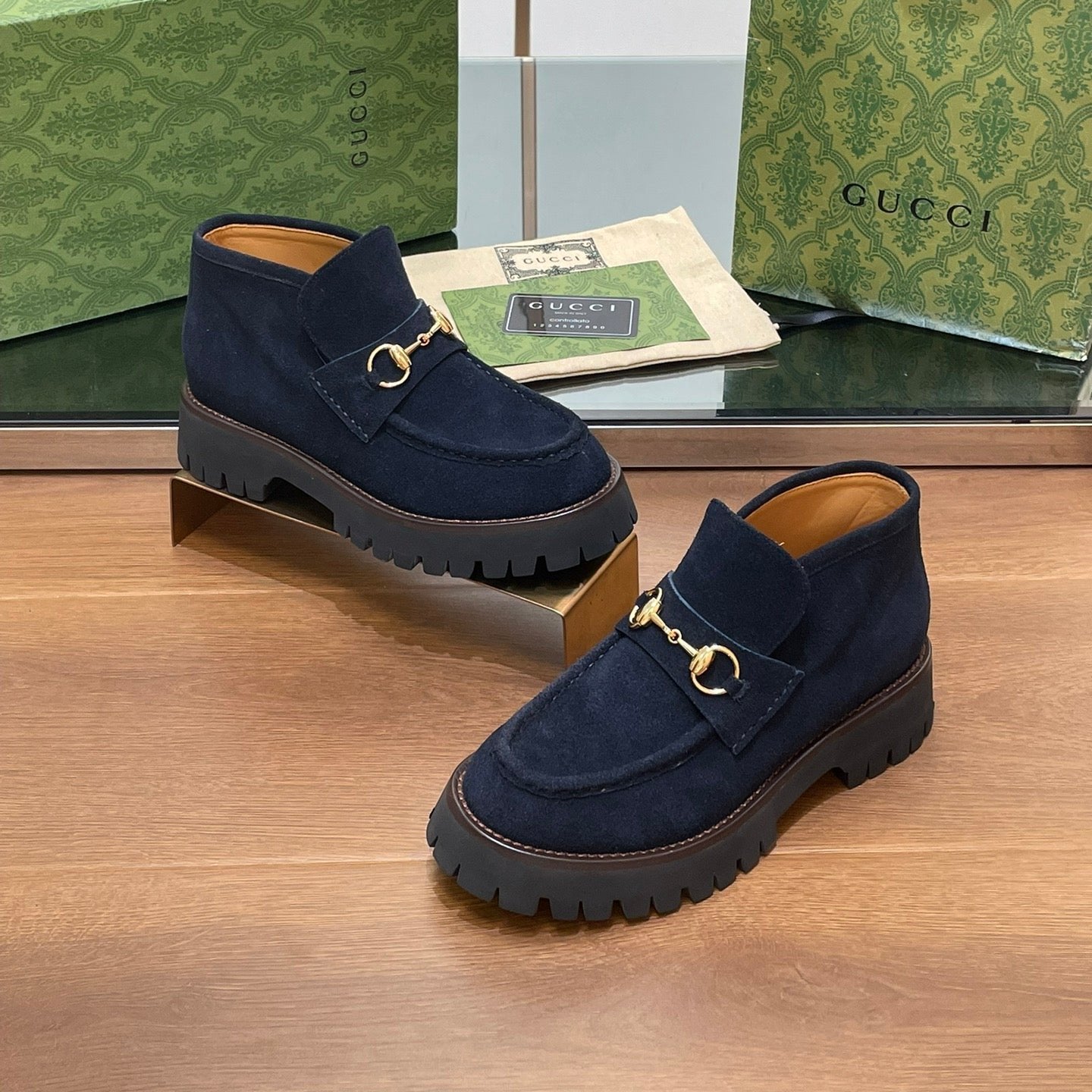GUCCI WOMEN'S HORSEBIT ANKLE BOOTS 4.5CM IN NAVY BLUE SUEDE