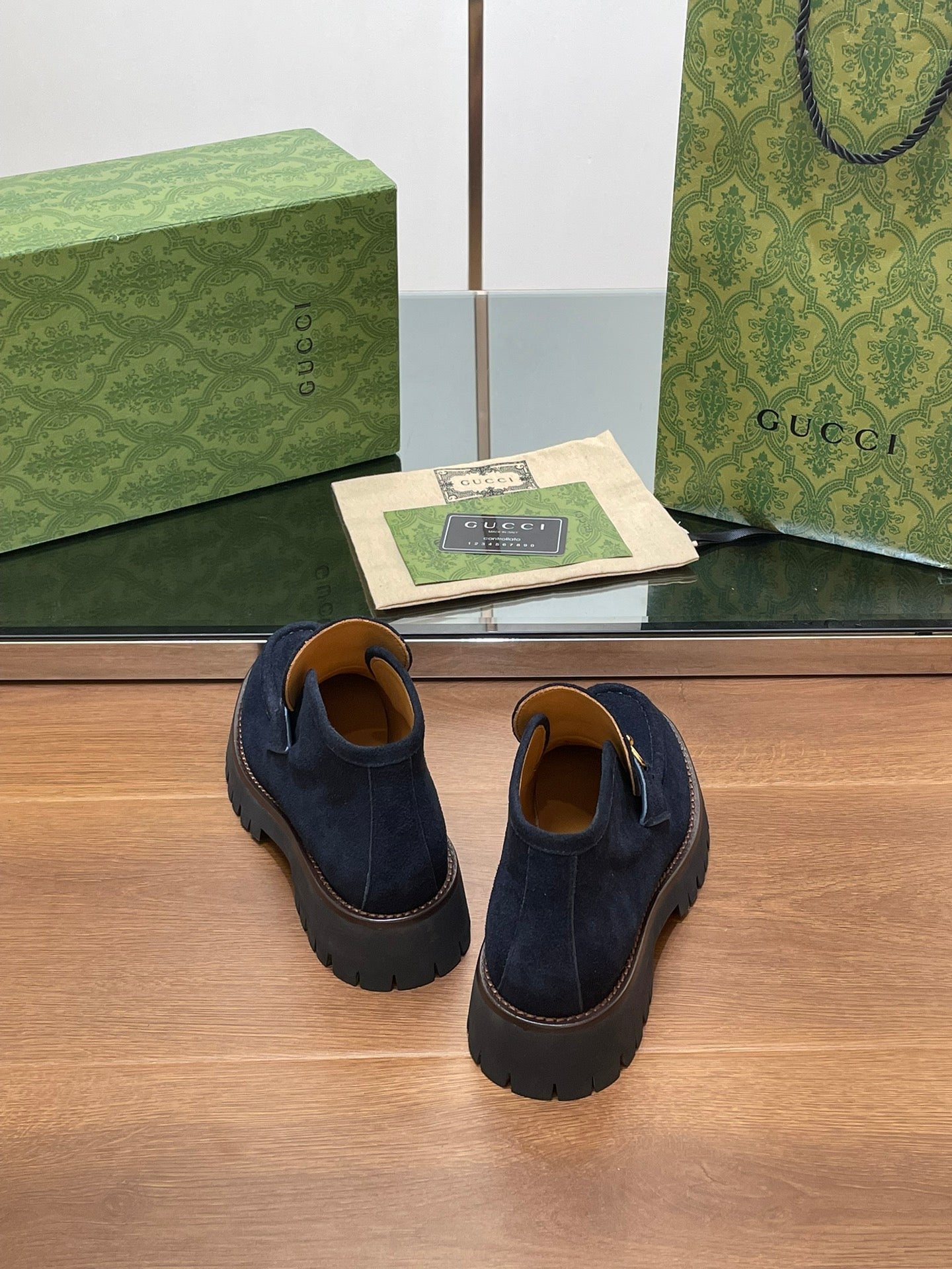 GUCCI WOMEN'S HORSEBIT ANKLE BOOTS 4.5CM IN NAVY BLUE SUEDE