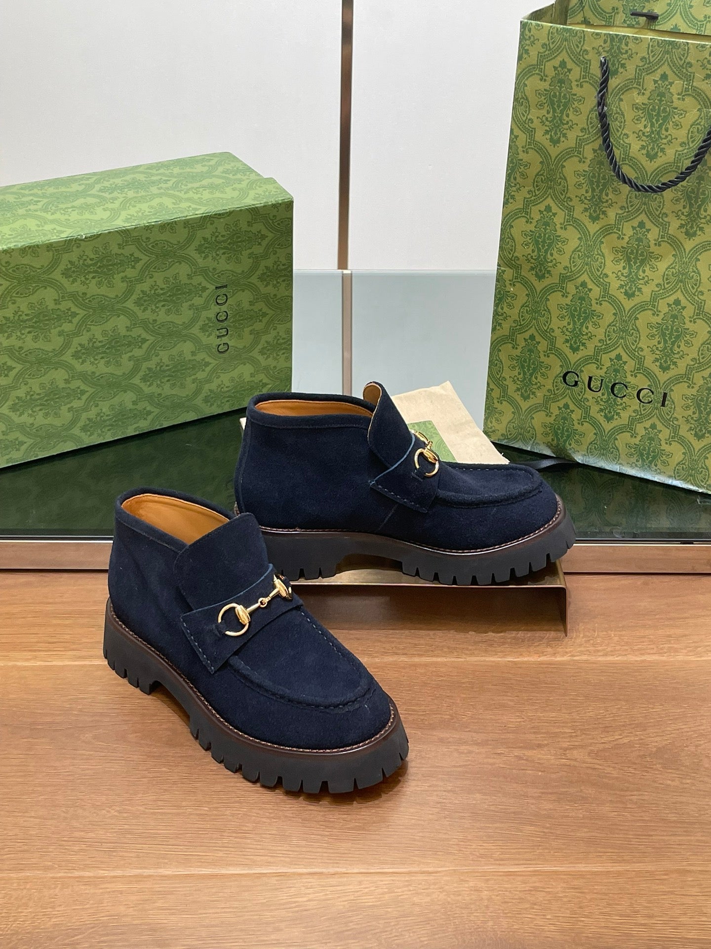 GUCCI WOMEN'S HORSEBIT ANKLE BOOTS 4.5CM IN NAVY BLUE SUEDE