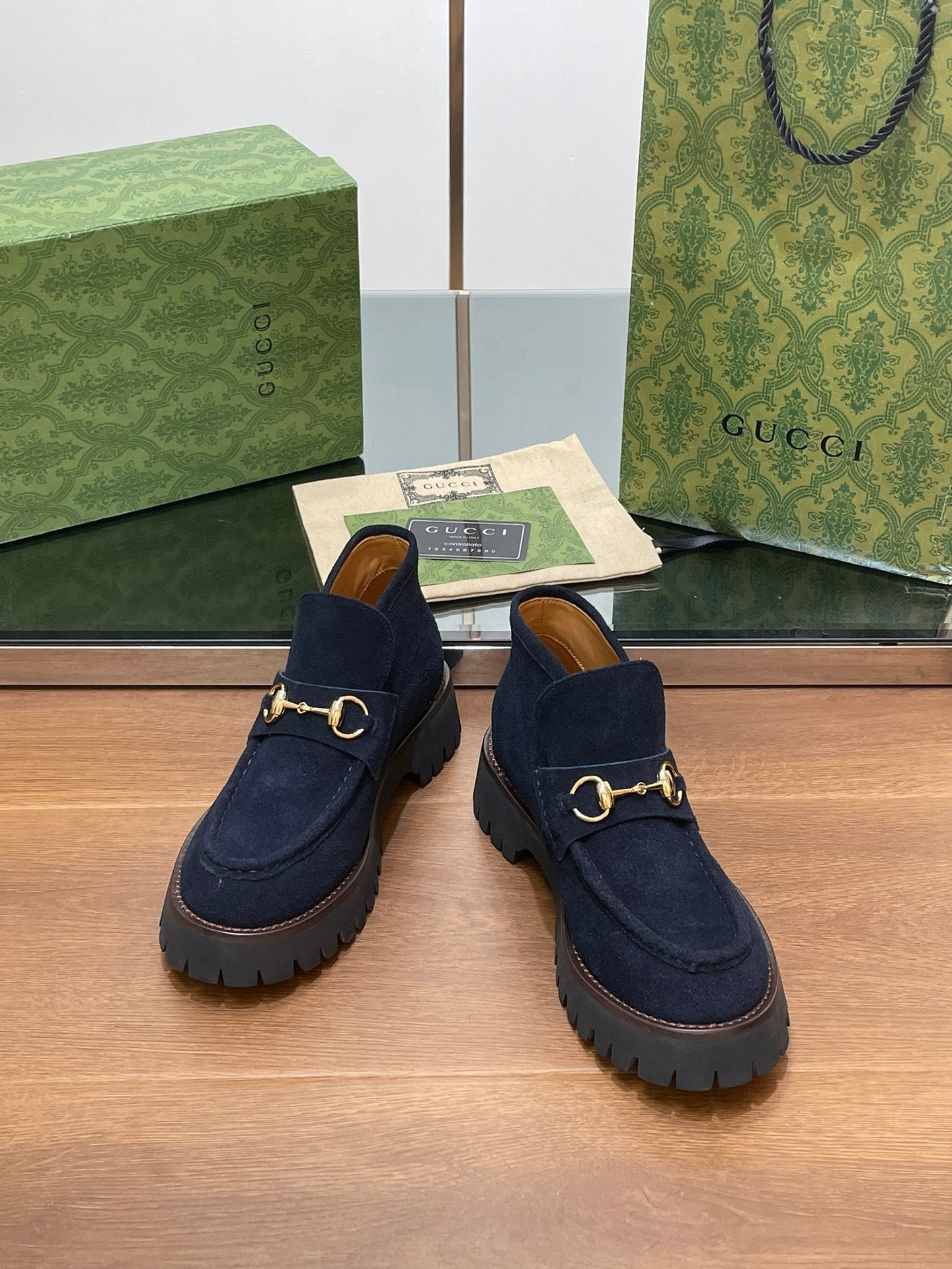 GUCCI WOMEN'S HORSEBIT ANKLE BOOTS 4.5CM IN NAVY BLUE SUEDE