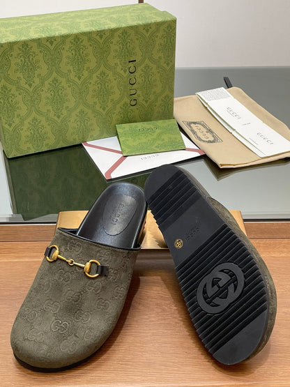 GUCCI HORSEBIT MULE IN KHAKI GREEN EMBOSSED SUEDE AND SHEEPSKIN LINING