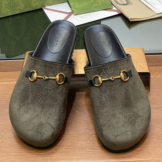 GUCCI HORSEBIT MULE IN KHAKI GREEN EMBOSSED SUEDE AND SHEEPSKIN LINING
