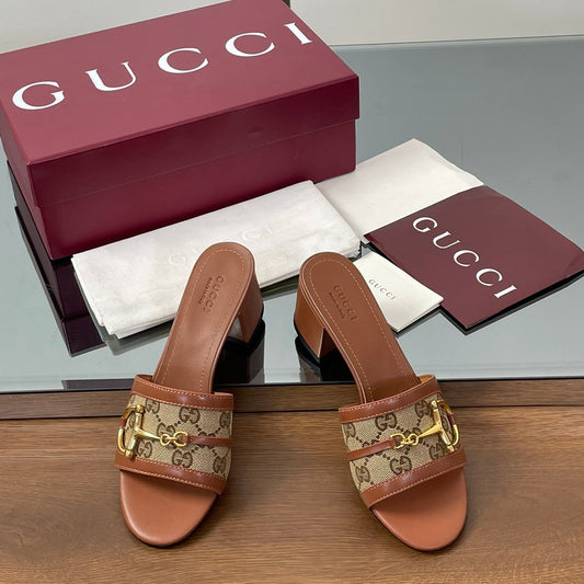 GUCCI HIGH HEEL MULE 5.5 CM IN BROWN CALFSKIN MIX FABRIC AND GOLD HARDWARE
