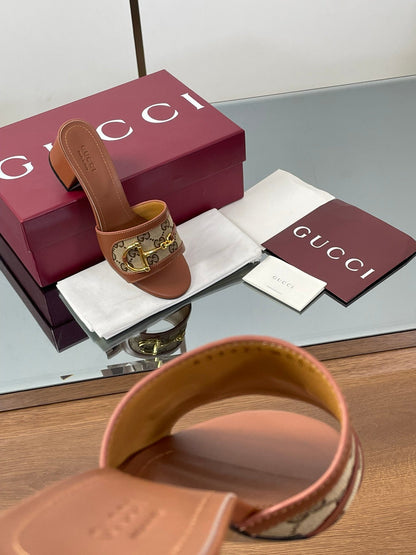 GUCCI HIGH HEEL MULE 5.5 CM IN BROWN CALFSKIN MIX FABRIC AND GOLD HARDWARE