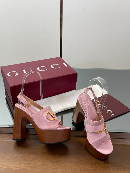 GUCCI HIGH HEEL SANDALS 13 CM IN PINK CALFSKIN MIX SUEDUE GOLD HARDWARE