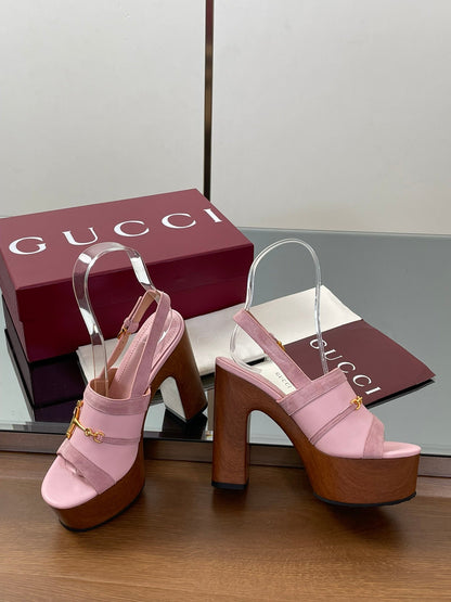 GUCCI HIGH HEEL SANDALS 13 CM IN PINK CALFSKIN MIX SUEDUE GOLD HARDWARE