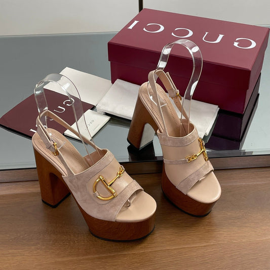 GUCCI HIGH HEEL SANDALS 13 CM IN BEIGE CALFSKIN MIX SUEDUE GOLD HARDWARE