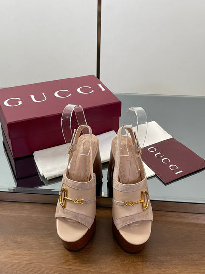 GUCCI HIGH HEEL SANDALS 13 CM IN BEIGE CALFSKIN MIX SUEDUE GOLD HARDWARE