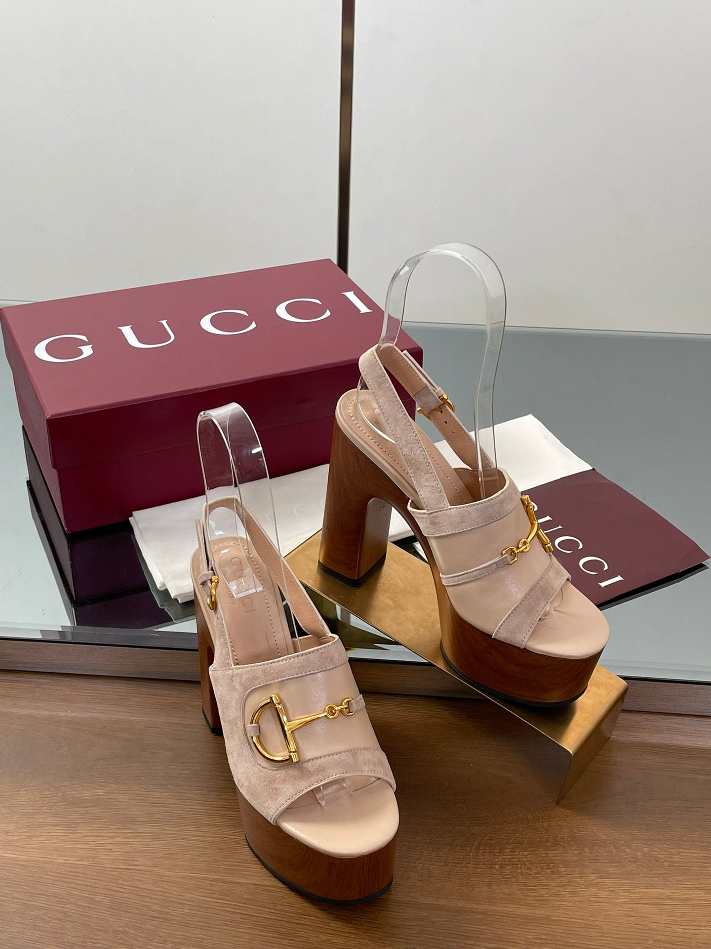 GUCCI HIGH HEEL SANDALS 13 CM IN BEIGE CALFSKIN MIX SUEDUE GOLD HARDWARE