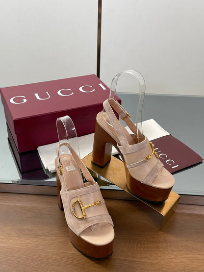 GUCCI HIGH HEEL SANDALS 13 CM IN BEIGE CALFSKIN MIX SUEDUE GOLD HARDWARE