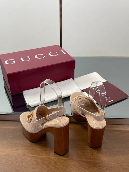 GUCCI HIGH HEEL SANDALS 13 CM IN BEIGE CALFSKIN MIX SUEDUE GOLD HARDWARE