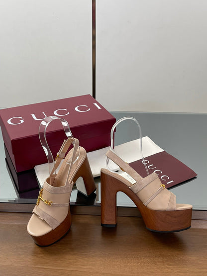 GUCCI HIGH HEEL SANDALS 13 CM IN BEIGE CALFSKIN MIX SUEDUE GOLD HARDWARE