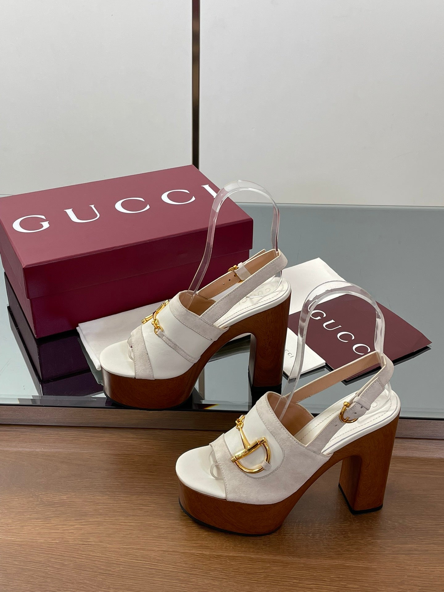 GUCCI HIGH HEEL SANDALS 13 CM IN CREAM WHITE CALFSKIN MIX SUEDUE GOLD HARDWARE