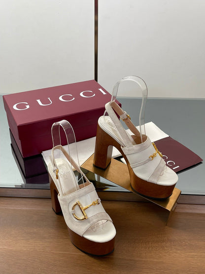 GUCCI HIGH HEEL SANDALS 13 CM IN CREAM WHITE CALFSKIN MIX SUEDUE GOLD HARDWARE